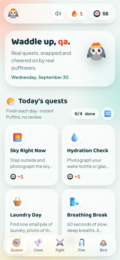 Puffin Quest daily quests screen